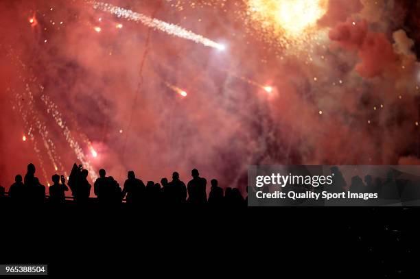 Fireworks light up the sky over Camp Nou after the La Liga match between Barcelona and Real Sociedad at Camp Nou on May 20, 2018 in Barcelona, Spain.