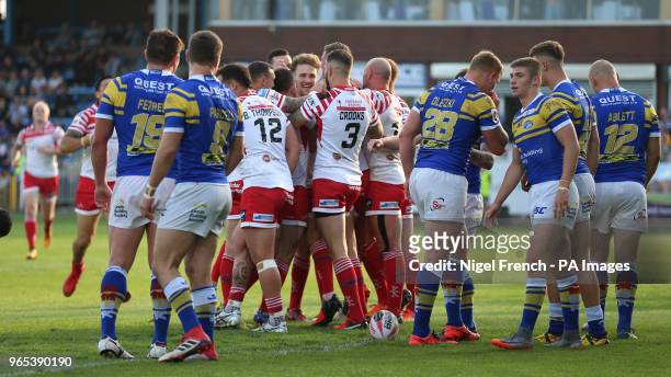 Leigh Centurions celebrate after their opening try of the game scored by Nathan Mason during the Ladbrokes Challenge Cup, quarter final match at the...