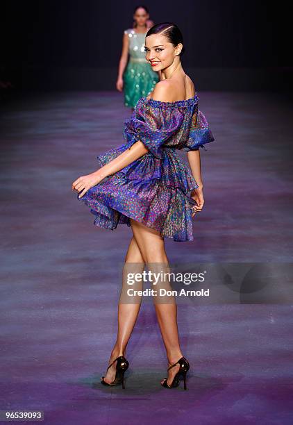 Miranda Kerr showcases designs by Collette Dinnigan on the catwalk during the David Jones Autumn/Winter 2010 Fashion Launch at Hordern Pavilion on...