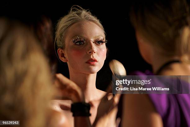 Model Louise Van de Vorst poses backstage ahead of the David Jones Autumn/Winter 2010 Fashion Launch at the Hordern Pavilion on February 10, 2010 in...