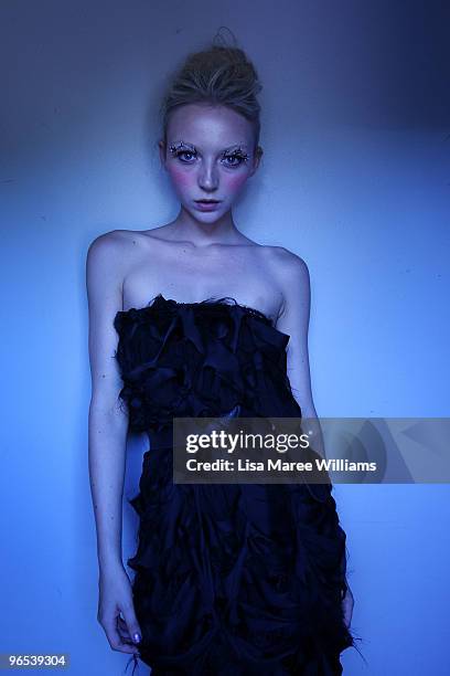 Model Louise Van de Vorst poses backstage ahead of the David Jones Autumn/Winter 2010 Fashion Launch at the Hordern Pavilion on February 10, 2010 in...