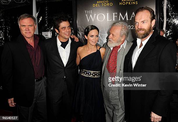 Director Joe Johnston, actors Benicio Del Toro, Emily Blunt, Sir Anthony Hopkins and Hugo Weaving arrive at the Los Angeles premiere of "The Wolfman"...