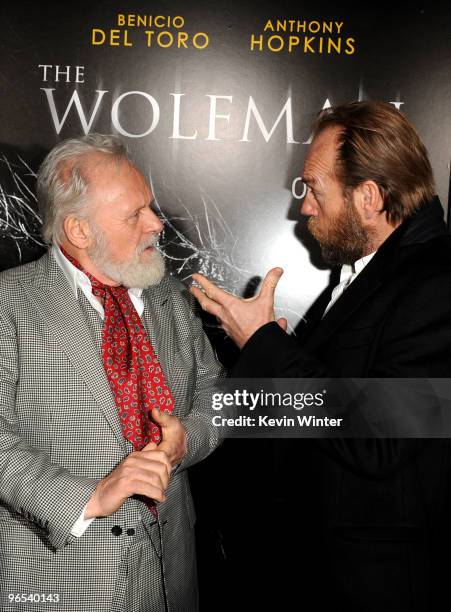 Actors Sir Anthony Hopkins and Hugo Weaving arrive at the Los Angeles premiere of "The Wolfman" at ArcLight Cinemas on February 9, 2010 in Hollywood,...