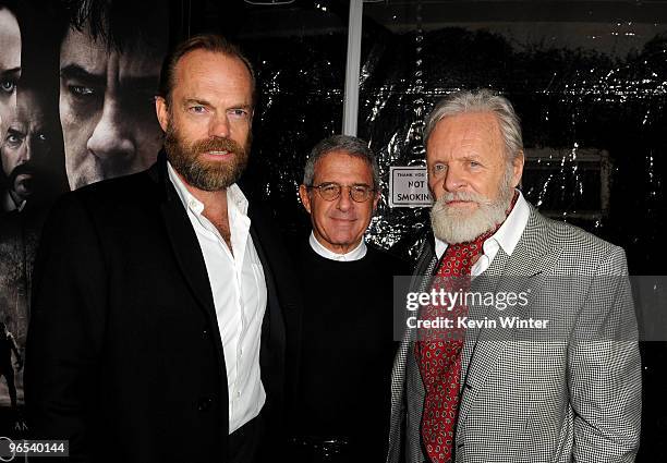 Actor Hugo Weaving, Universal Studios' President & COO Ron Meyer and actor Sir Anthony Hopkins arrive at the Los Angeles premiere of "The Wolfman" at...