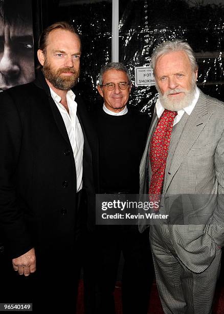 Actor Hugo Weaving, Universal Studios' President & COO Ron Meyer and actor Sir Anthony Hopkins arrive at the Los Angeles premiere of "The Wolfman" at...