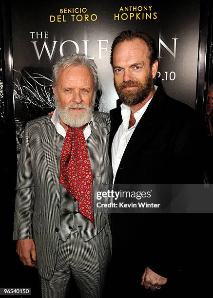 Actors Sir Anthony Hopkins and Hugo Weaving arrive at the Los Angeles premiere of "The Wolfman" at ArcLight Cinemas on February 9, 2010 in Hollywood,...