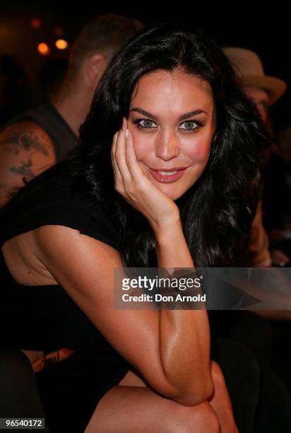 Megan Gale sits in the front row just prior to the David Jones Autumn/Winter 2010 Fashion Launch at Hordern Pavilion on February 10, 2010 in Sydney,...