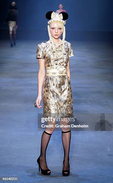 Model showcases designs by Alannah Hill on the catwalk during the David Jones Autumn/Winter 2010 Fashion Launch at the Hordern Pavilion on February...