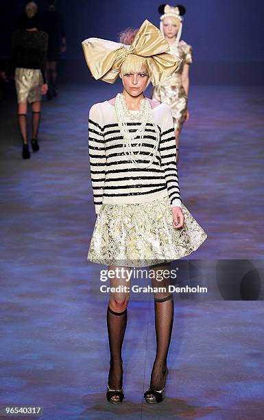 Model showcases designs by Alannah Hill on the catwalk during the David Jones Autumn/Winter 2010 Fashion Launch at the Hordern Pavilion on February...