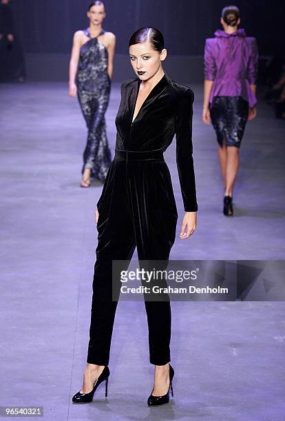 Model showcases designs by Carla Zampatti on the catwalk during the David Jones Autumn/Winter 2010 Fashion Launch at the Hordern Pavilion on February...