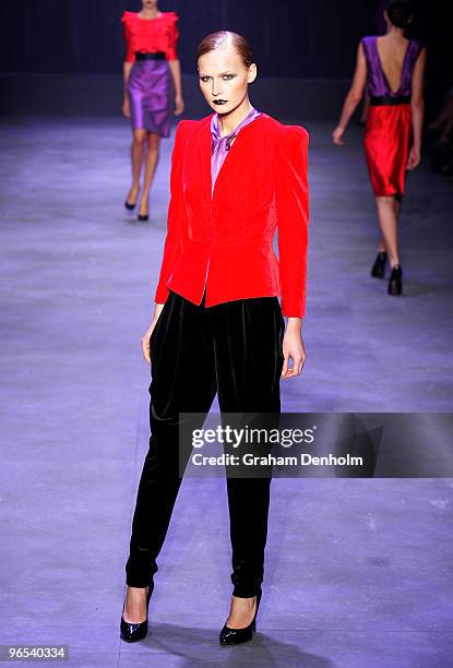 Model showcases designs by Carla Zampatti on the catwalk during the David Jones Autumn/Winter 2010 Fashion Launch at the Hordern Pavilion on February...