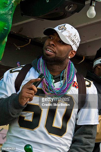 New Orleans Saints Marvin Mitchell celebrates during the New Orleans Saints Super Bowl XLIV Victory Parade on February 9, 2010 in New Orleans,...