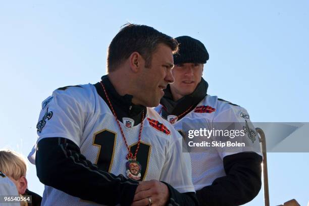 New Orleans Saints Mark Brunell and Quarterback Drew Brees celebrates during the New Orleans Saints Super Bowl XLIV Victory Parade on February 9,...