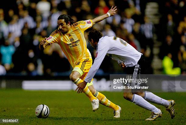 Newcastle winger Jonas Gutierrez races past Derby defender Nicky Hunt during the Coca-Cola Championship match between Derby County and Newcastle...