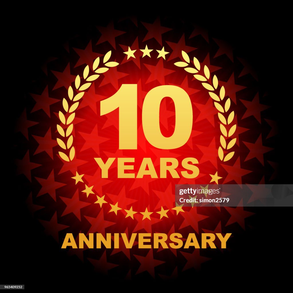 Ten year anniversary icon with red color star shape background
