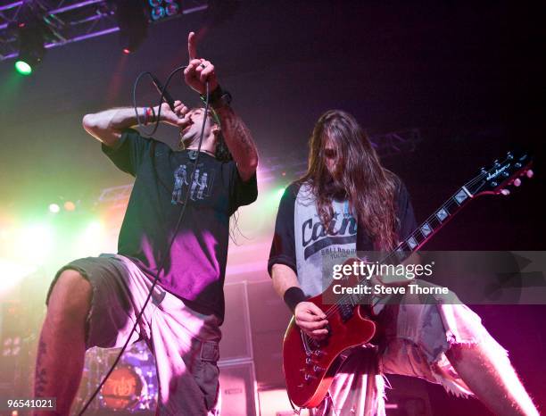 Randy Blythe and Mark Morton of Lamb Of God perform on stage at O2 Academy on February 9, 2010 in Birmingham, England.