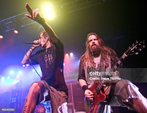 Randy Blythe and Mark Morton of Lamb Of God perform on stage at O2 Academy on February 9, 2010 in Birmingham, England.