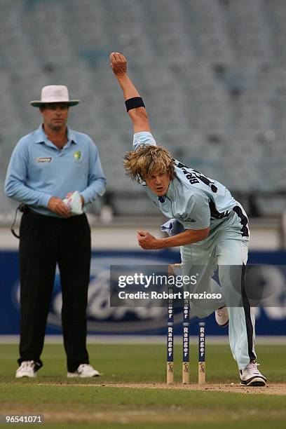 Nathan Bracken of the Blues bowls during the Ford Ranger Cup match between the Victorian Bushrangers and the New South Wales Blues at Melbourne...