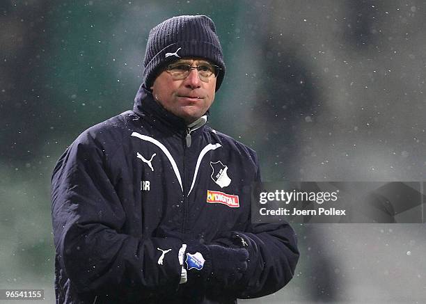 Head coach Ralf Rangnick of Hoffenheim is seen after the DFB Cup quarter final match between SV Werder Bremen and 1899 Hoffenheim at Weser Stadium on...