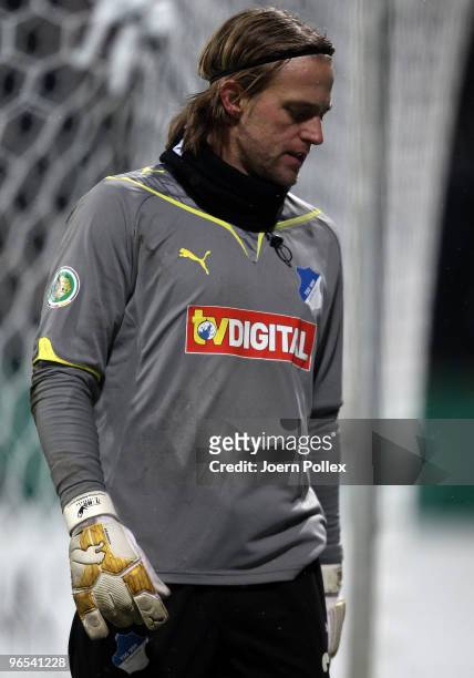 Timo Hildebrand of Hoffenheim looks on after the DFB Cup quarter final match between SV Werder Bremen and 1899 Hoffenheim at Weser Stadium on...