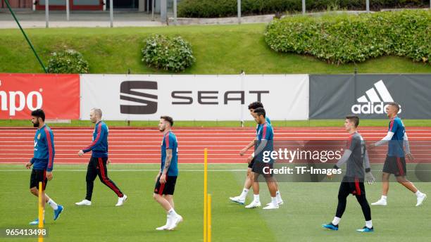 Diego Costa of Spain, Andres Iniesta of Spain, Saul Niguez of Spain, Jesus Vllejo of Spain, Kepa of Spain and Thiago Alcantara of Spain look on...