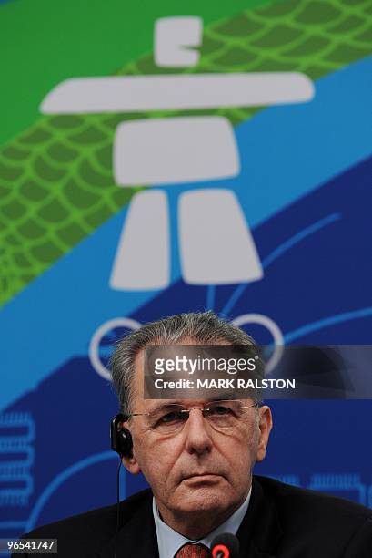 International Olympic Committee President Jacques Rogge gives a press briefing on the 2010 Winter Olympics at the Main Press Center in downtown...
