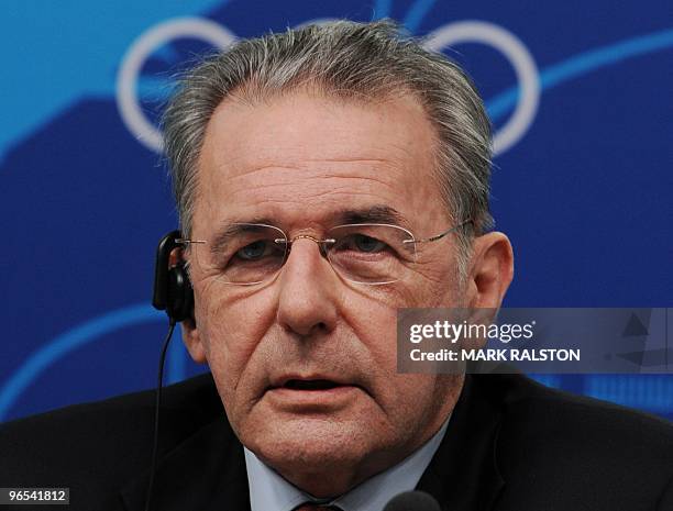 International Olympic Committee President Jacques Rogge gives a press briefing on the 2010 Winter Olympics at the Main Press Center in downtown...