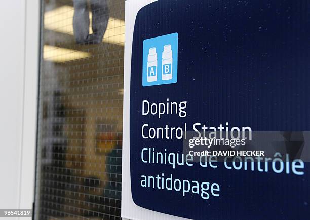 Sign shows the way to the doping control station at the Pacific ColIseum ice-skating rink of the Vancouver 2010 Winter Olympicson February 8, 2010....