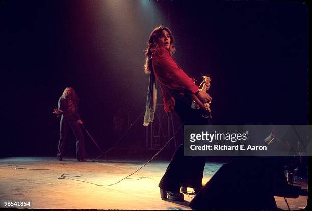 Tommy Bolin and singer David Coverdale from Deep Purple perform live on stage at Radio City Music Hall, New York on January 22 1976