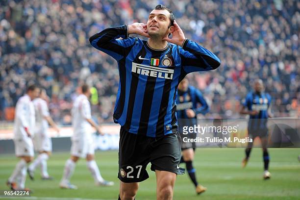 Goran Pandev of Internazionale Milano celebrates the opening goal during the Serie A match between FC Internazionale Milano and Cagliari Calcio at...