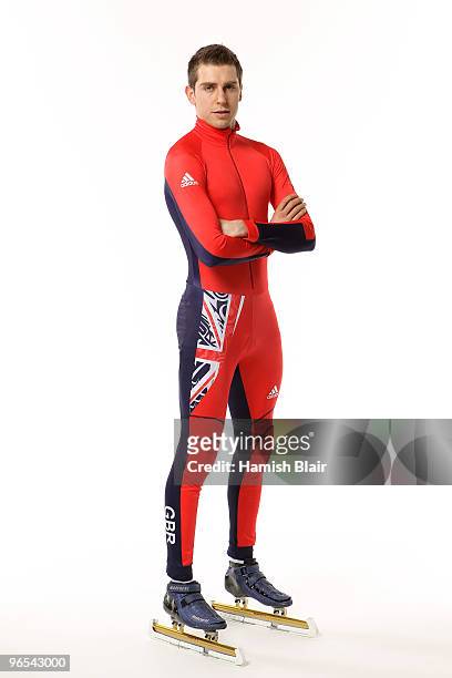 Short Track Speed Skater Jon Eley of Great Britain poses during the Team GB adidas Winter Olympic kit launch at Somerset House on January 26, 2010 in...