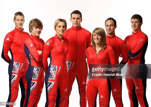 Team GB athletes Anthony Douglas, Jack Whelbourne, Sarah Lindsay, John Eley, Elise Christie, Tom Iveson and Paul Worth pose during the Team GB adidas...