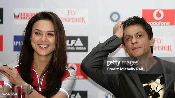 Bollywood Stars Preity Zinta and Shah Rukh Khan attend the press conference for Indian Premier League at the Cape Town International Conference...