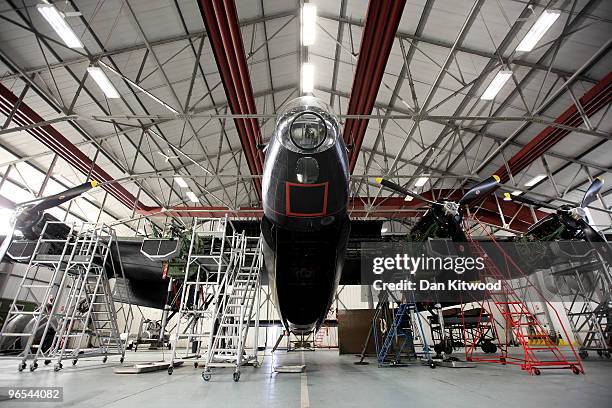 Lancaster Bomber undergoes it's annual service at the 'Battle of Britain Memorial Flight' centre at RAF Coningsby on February 9, 2010 in Coningsby,...