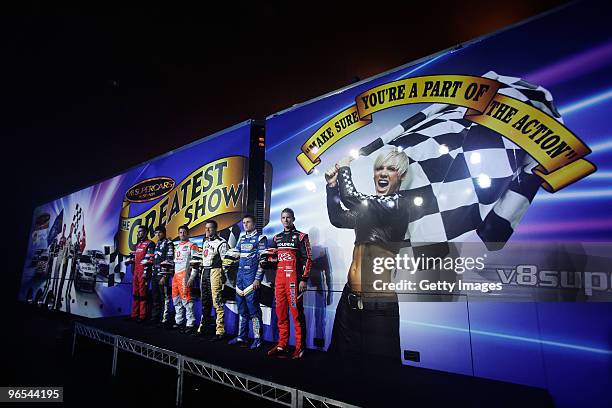 Stars of the 2010 V8 Supercar commercial pose with the newly liveried transporter at the V8 Supercars 2010 Season Launch, where singer P!nk was...