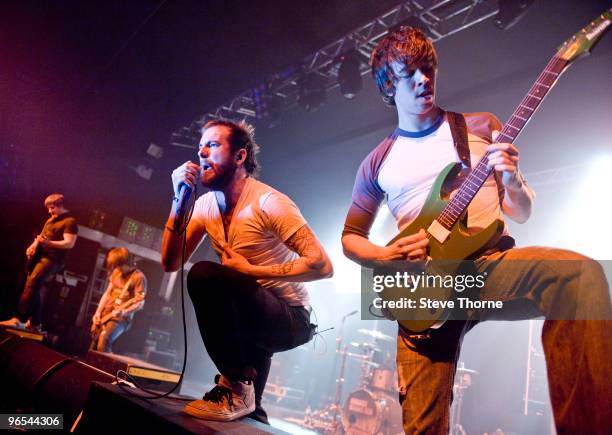 Brent Rambler, Dustin Davidson, Jake Luhrs and JB Brubaker of August Burns Red perform on stage at O2 Academy on February 9, 2010 in Birmingham,...