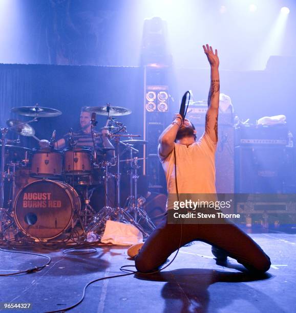 Jake Luhrs of August Burns Red performs on stage at O2 Academy on February 9, 2010 in Birmingham, England.