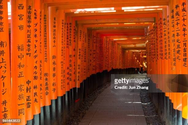 rijen van torii gates bij fushimi inari-taisha jinja - kyoto, japan - inari shrine stockfoto's en -beelden