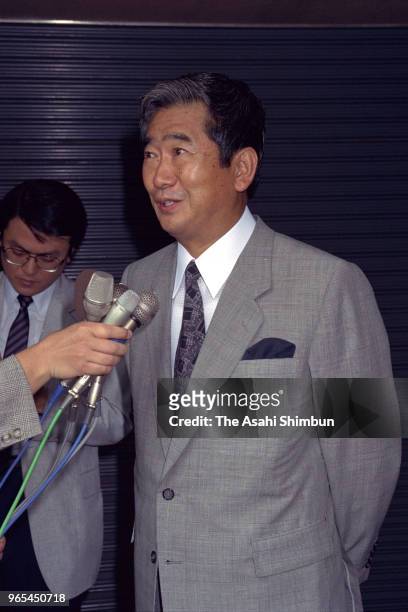 Lawmaker Shintaro Ishihara speaks to media reporters prior to announcing his run for the ruling Liberal Democratic Party presidential election on...