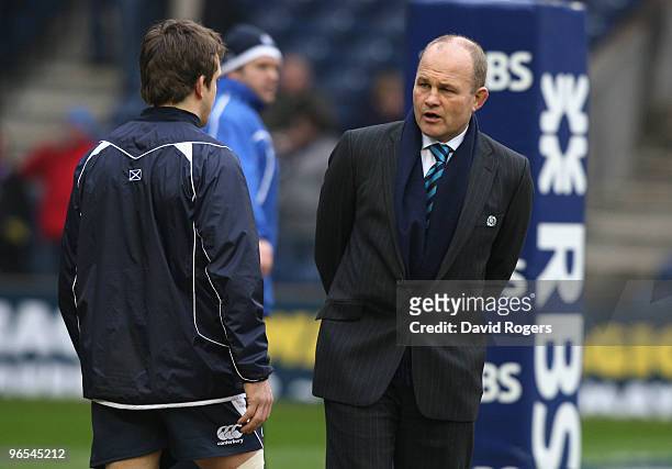 Scotland Head Coach Andy Robinson talks tactics prior to the RBS Six Nations Championship match between Scotland and France at Murrayfield Stadium on...