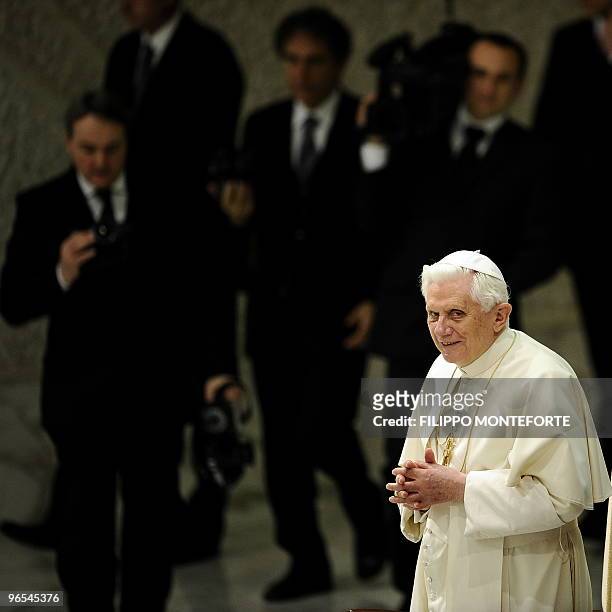 Pope Benedict XVI looks on following his weekly general audience in Paul VI Hall on February 10, 2010 at the Vatican. AFP PHOTO / Filippo MONTEFORTE
