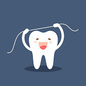Happy tooth icon. Cute tooth characters. Brushing teeth flossing. Dental personage vector illustration. Oral hygiene, teeth cleaning. Flat illustration on the theme of dentistry. Isolated vector.