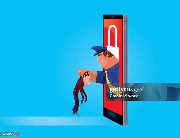 security guard arresting thief from smartphone - arrest stock illustrations