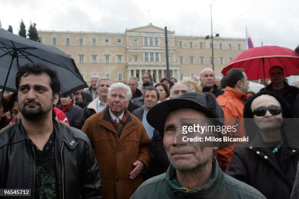 People gather in front of the Parliament building during a 24-hours strike held by public sector workers on February 10, 2010 in Athens, Greece....