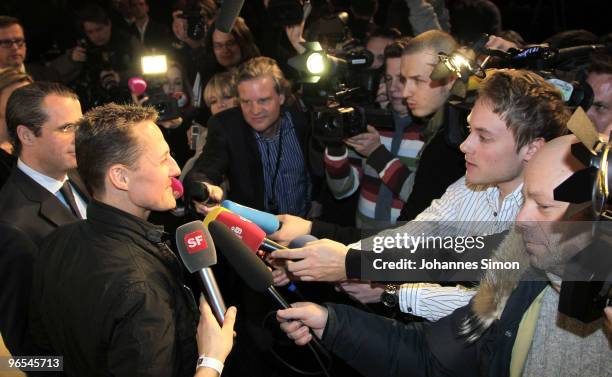 Michael Schumacher and Philippe Gaydoul, CEO of Gaydoul Group address the media during a press conference at P1 discotheque on February 10, 2010 in...