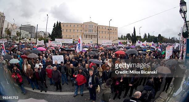 Crowd of public sector workers gather outside Parliament during a 24-hours strike held by public sector workers on February 10, 2010 in Athens,...