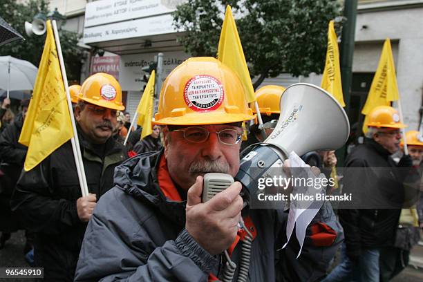 Mechanics participate in a 24-hour strike held by public sector workers on February 10, 2010 in Athens, Greece. Government offices, schools and...