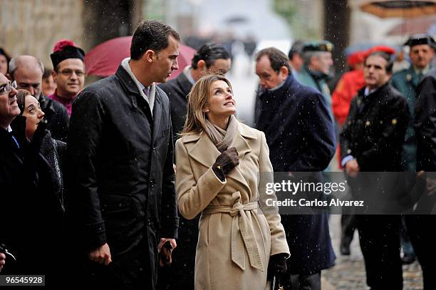 Prince Felipe of Spain and Princess Letizia of Spain attend an event celebrating the "Camino de Santiago" year at the Colegiata de Santa Maria on...