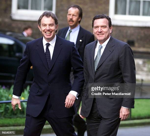 British Prime Minister Tony Blair welcomes German Chancellor Gerhard Schroeder to Number 10 Downing Street, 16th March 1999.
