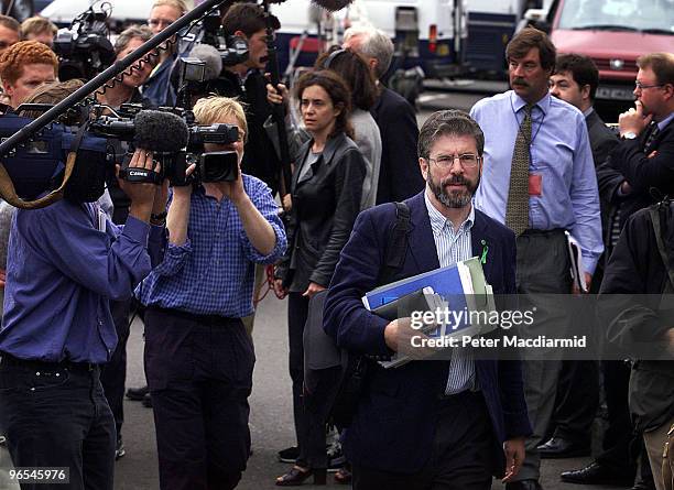 Irish Republican politician Gerry Adams on his way into the Stormont talks, Belfast, 1st July 1999.